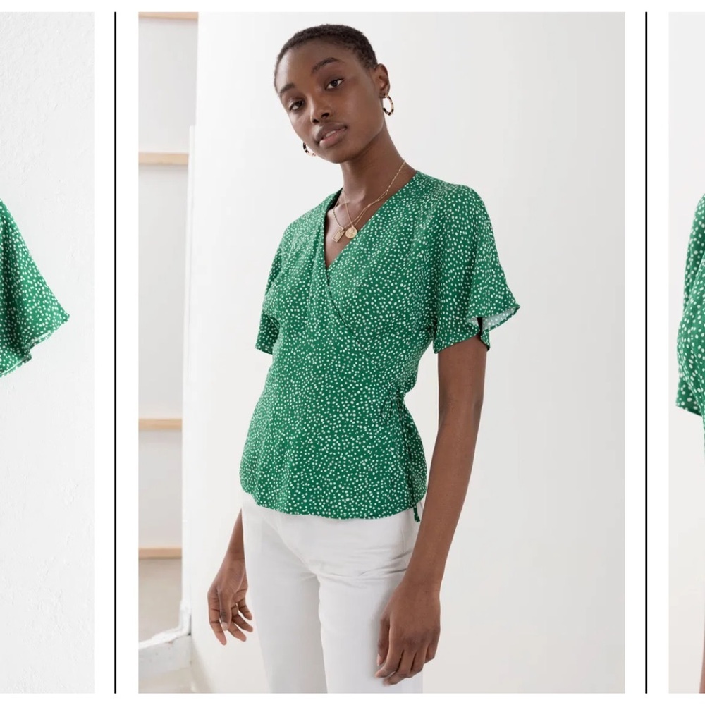 & Other Stories Printed Wrap Blouse Green White Dot Flutter Short Sleeve